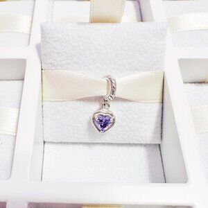 925 Sterling Silver Mini Purple Crystal Heart Dangle Charm Fits Pandora Bracelet
